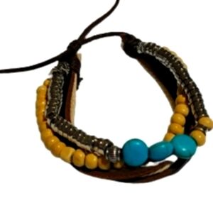 BEADED Bracelet wood fabric leather